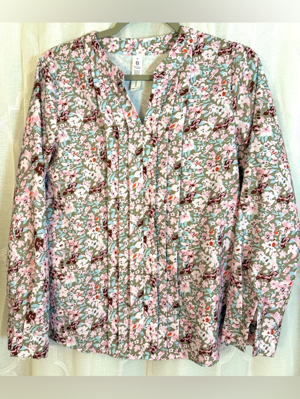 Floral Blouse Small Pink Green Lightweight Button Front Long Sleeve Top